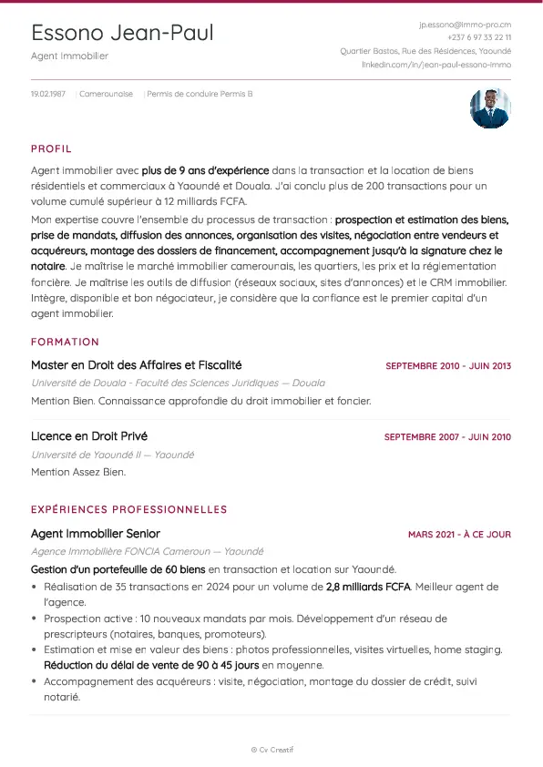 Exemple de CV pour un agent immobilier