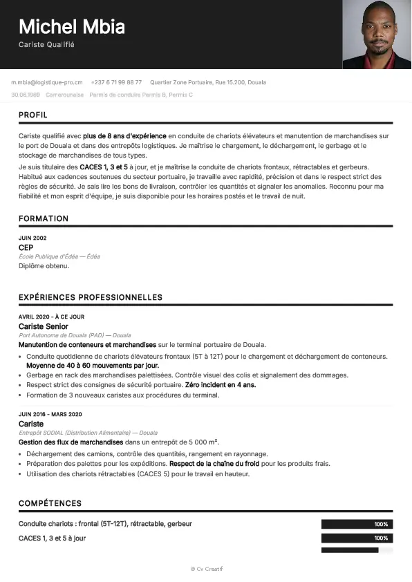 Exemple de CV pour un cariste